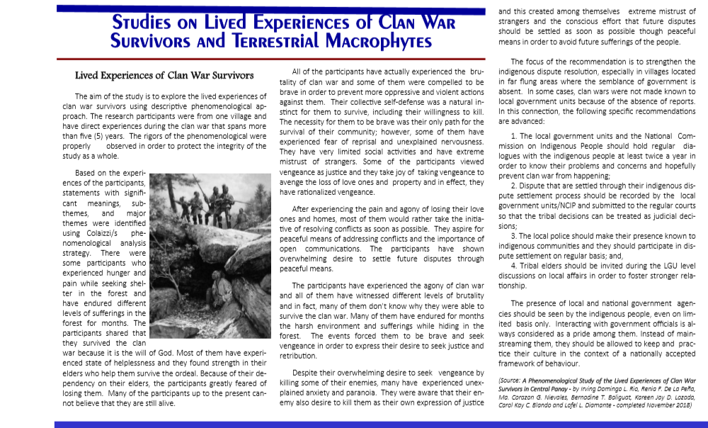 Studies on Lived Experiences of Clan War Survivors and Terrestrial Macrophytes